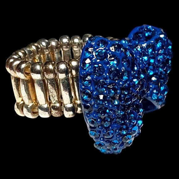 Vintage Cobalt Blue Bow Stretch Ring Enameled Rhinestone Encrusted Silver Tone - Picture 2 of 9